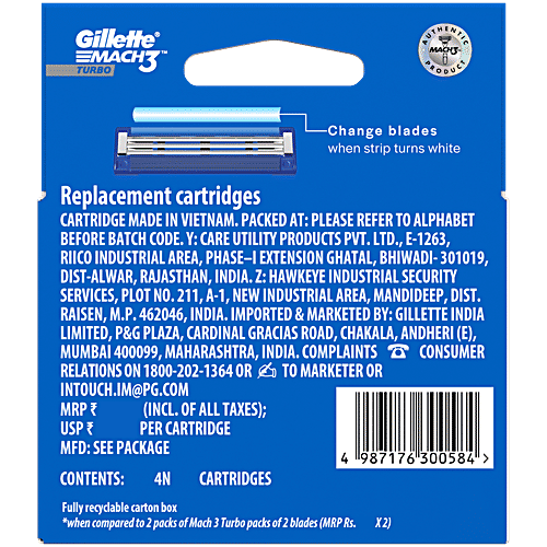 Gillette Mach 3 Turbo 3-Bladed Refill - With Comfort Gel Bar, Advanced Anti-Friction Coating, 4 pcs  Advanced Anti-Friction Coating, More Lubricants