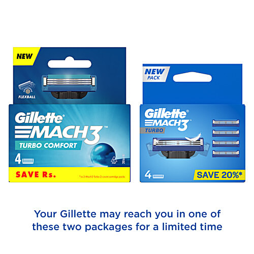 Gillette Mach 3 Turbo 3-Bladed Refill - With Comfort Gel Bar, Advanced Anti-Friction Coating, 4 pcs  Advanced Anti-Friction Coating, More Lubricants