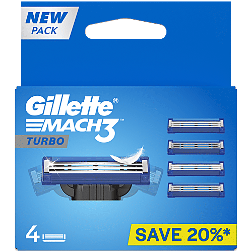 Gillette Mach 3 Turbo 3-Bladed Refill - With Comfort Gel Bar, Advanced Anti-Friction Coating, 4 pcs  Advanced Anti-Friction Coating, More Lubricants