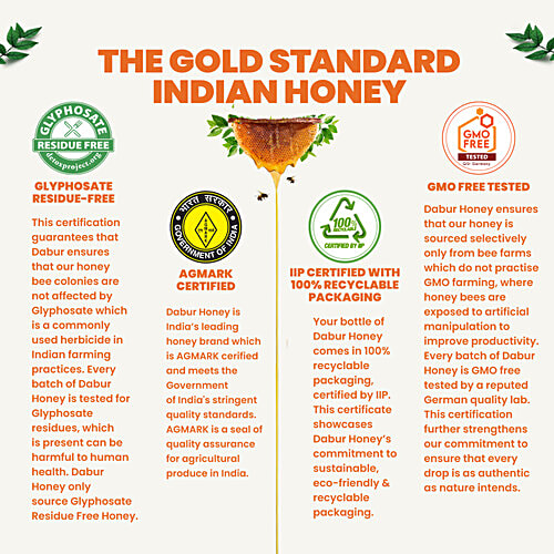 Dabur Pure Honey - Worlds No. 1 Honey Brand With No Sugar Adulteration, 100 g Bottle Purity Guaranteed, No Sugar Adulteration
