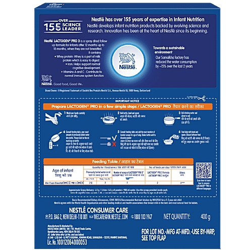 Nestle Lactogen Pro 3 Follow-Up Formula Powder - After 12 Months Up To 18 Months, 400 g  Whey Protein, Iron, Vitamin A/C & D