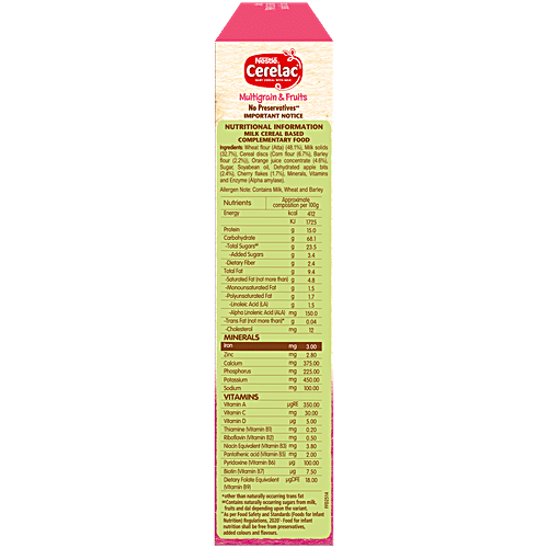 Nestle Cerelac Multigrain & Fruits Baby Cereal With Milk - From 12 To 24 Months, 300 g No Preservatives, Source of Iron, Rich in Protein, 14 Nutrients Including Vitamins & Minerals