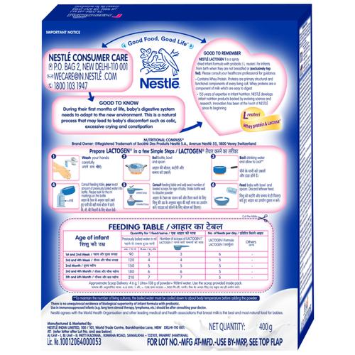 Nestle  Lactogen Infant Formula Powder - With Probiotic, Stage 1, Up To 6 Months, Whey Protein & Lactose, 400 g  