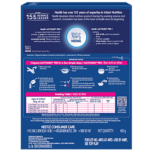 Nestle Lactogen Pro 1 Infant Formula Powder - Probiotic & Prebiotics, Up To 6 Months, 400 g  