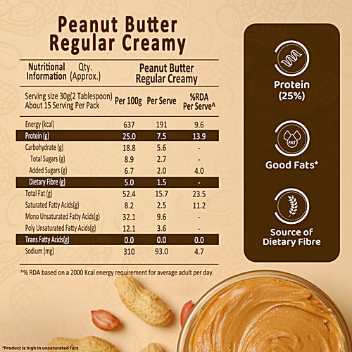 Sundrop Regular Creamy Peanut Butter, 462 g Bottle Packed with Proteins