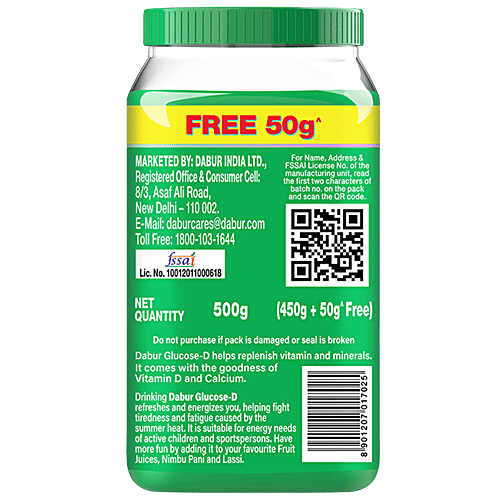 Dabur Glucose-D Instant Glucose, 450 g (Get 50 g Free) Calcium + Vitamin D, 99.4% Glucose