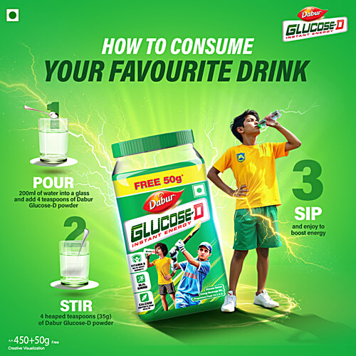 Dabur Glucose-D Instant Glucose, 450 g (Get 50 g Free) Calcium + Vitamin D, 99.4% Glucose