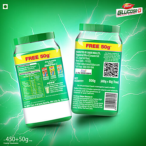 Dabur Glucose-D Instant Glucose, 450 g (Get 50 g Free) Calcium + Vitamin D, 99.4% Glucose