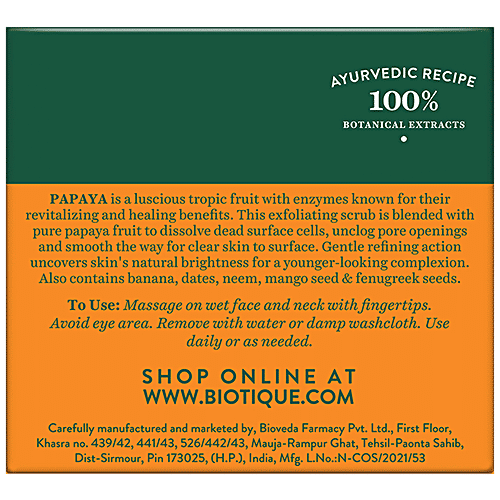 BIOTIQUE Brightening & Revitalizing Face Scrub - Papaya, Tan Removal, All Skin Type, 75 g 100% Botanical Extracts