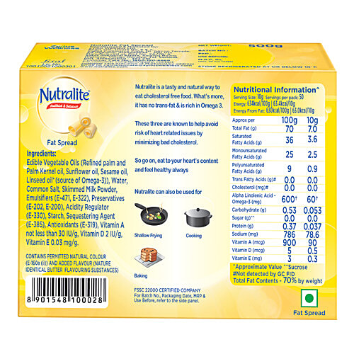 Nutralite Healthier & Delicious Fat Spread, 500 g Carton Powered with Omega-3, 0% Cholesterol