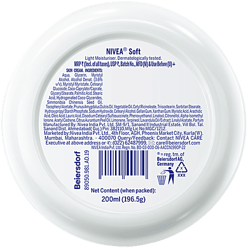 Nivea Soft Light Moisturizer - With Vitamin E & Jojoba Oil, Instant Hydration, Non Greasy Cream, For Face, Hand & Body, 200 ml  