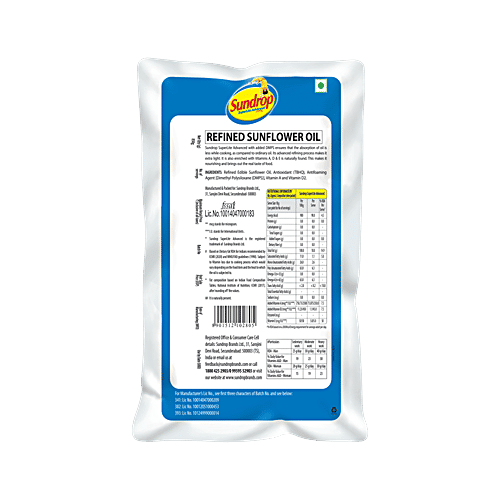 Sundrop Superlite Advanced Refined Sunflower Oil, 850 g Pouch Vitamins A/D/E, Low Absorb Technology