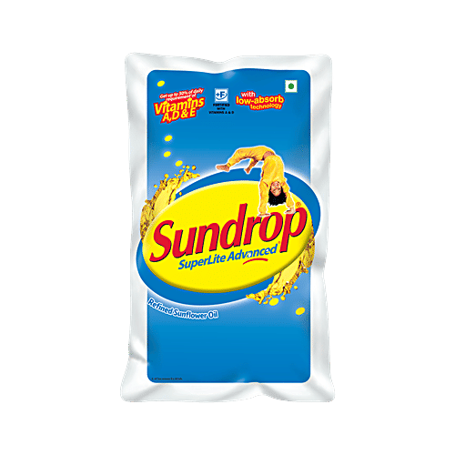 Sundrop Superlite Advanced Refined Sunflower Oil, 850 g Pouch Vitamins A/D/E, Low Absorb Technology