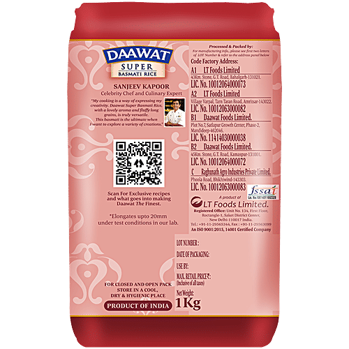Daawat  Basmati Rice/Basmati Akki - Super, 1 kg 250 gm Extra 
