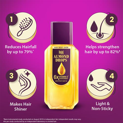 Bajaj Almond Drops Non-sticky Hair Oil - Helps Reduce Hair Fall, With 6X Vitamin E Nourishment, 285 ml  
