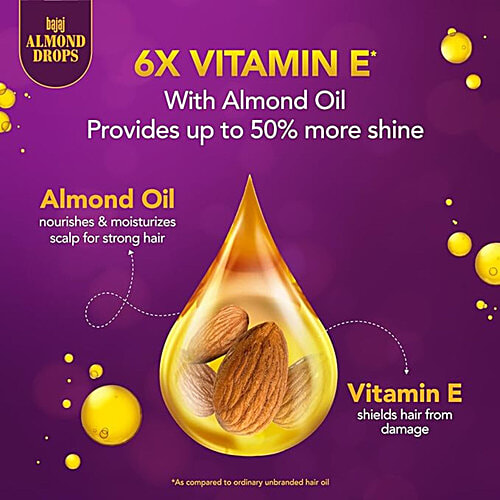 Bajaj Almond Drops Non-Sticky Hair Oil - For Healthy & Beautiful Hair, With 6X Vitamin E Nourishment, 190 ml  With 6X Vitamin E Nourishment