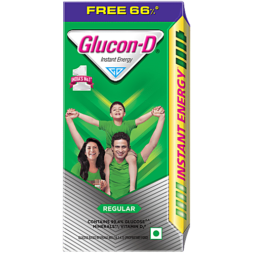 Glucon-D Instant Energy Nutrition Drink - Regular, 75 g (Get 50 g Free) Contains 99.4% Glucose, Minerals & Vitamin D