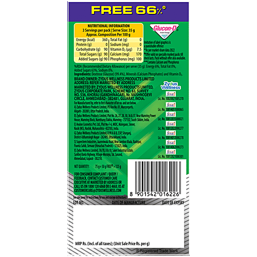 Glucon-D Instant Energy Nutrition Drink - Regular, 75 g (Get 50 g Free) Contains 99.4% Glucose, Minerals & Vitamin D