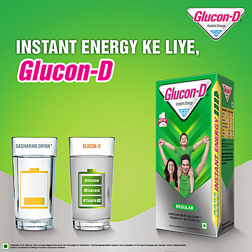 Glucon-D Instant Energy Nutrition Drink - Regular, 75 g (Get 50 g Free) Contains 99.4% Glucose, Minerals & Vitamin D