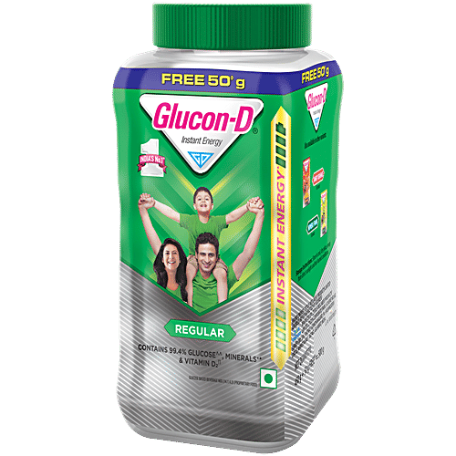 Glucon-D Instant Energy Nutrition Drink - Regular, 450 g (Get 50 g Free), Jar Contains 99.4% Glucose, Minerals & Vitamin D