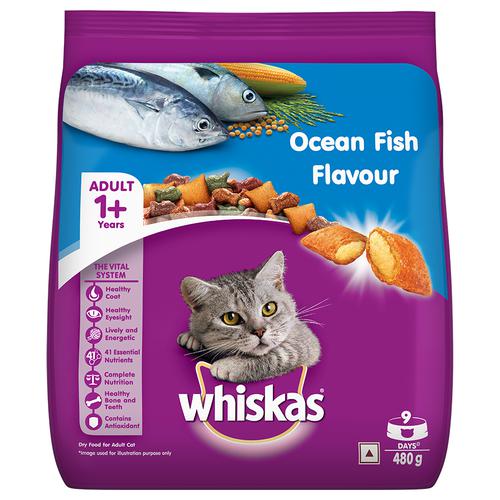 Whiskas Dry Pet Food - For Adult Cats, 1+ Years, Ocean Fish Flavour, 480 g  Healthy & Shiny Coat, Healthy Eyesight