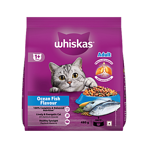 Whiskas Adult (1+ Years) Dry Cat Food, Ocean Fish Flavour, 480 g, Contains 41 Essential Nutrients, Complete & Balanced Nutrition, 480 g  100% Complete & Balanced Nutrition, Lively & Energetic Cat, Healthy Eyesight