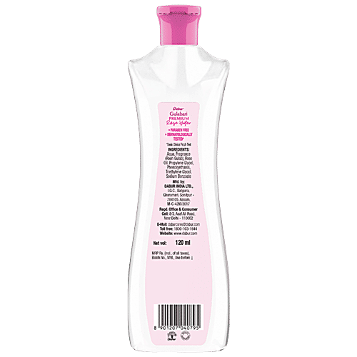 Dabur Gulabari Premium Rose Water, 120 ml  With No Paraben, Cleanses Hydrates and Moisturises Skin, Balances and Restores Skin's pH Levels, For All Skin TypesWith No Paraben, Cleanses Hydrates and Moisturises Skin, Balances and Restores Skin's pH Levels, For All Skin Types