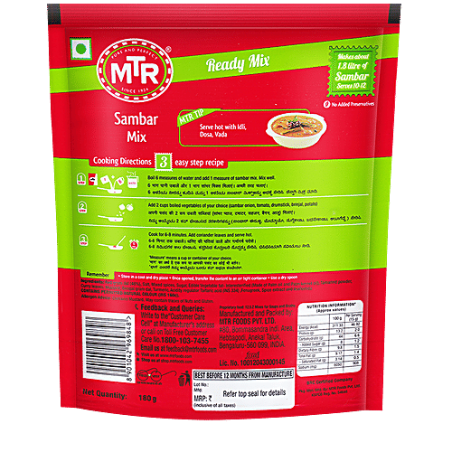 MTR Original Sambar Ready Mix, 180 g Pouch Source of Protein, Goodness of Grain