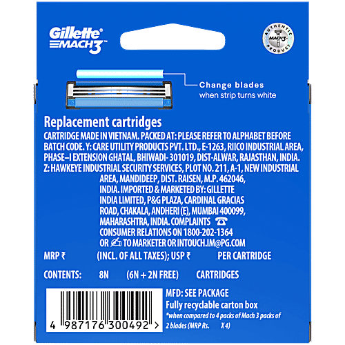 Gillette Mach 3 - Manual Shaving Razor Blades Cartridge, 8 pcs  Advanced 3 Blade Shaving Technology