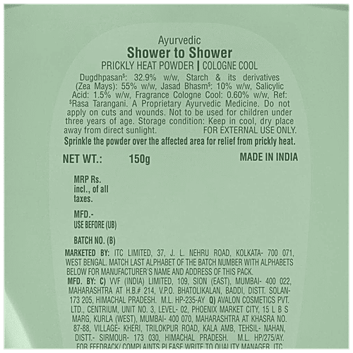 Shower To Shower Prickly Heat Powder - Cologne Cool, Ayurvedic, 2X Sweat Absorption, 150 g  