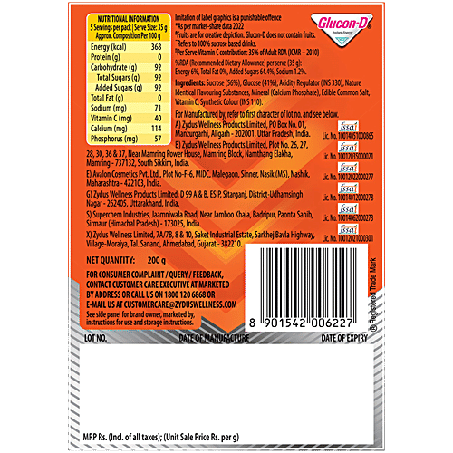 Glucon-D Instant Energy Nutrition Drink - Tangy Orange, 200 g Refill Pack Contains Glucose, Minerals