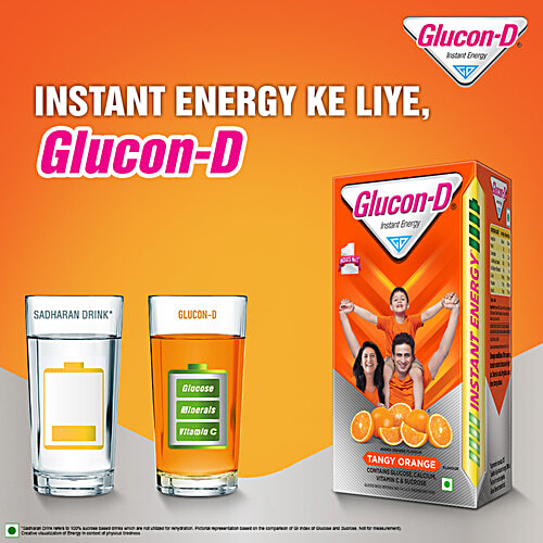 Glucon-D Instant Energy Nutrition Drink - Tangy Orange, 200 g Refill Pack Contains Glucose, Minerals