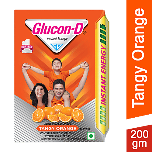 Glucon-D Instant Energy Nutrition Drink - Tangy Orange, 200 g Refill Pack Contains Glucose, Minerals