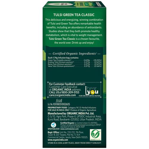 Organic India Tulsi Green Tea Classic, 43.5 g (25 Bags x 1.74 g each) Stress Relieving & Uplifting, Contains Caffeine, Healthy Conscious Living