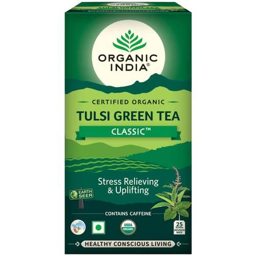 Organic India Tulsi Green Tea Classic, 43.5 g (25 Bags x 1.74 g each) Stress Relieving & Uplifting, Contains Caffeine, Healthy Conscious Living