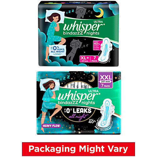 Whisper Ultra Overnight Sanitary Pads - Extra Large Wings, 7 pcs Pouch Up to 0% Leaks, All Night Long