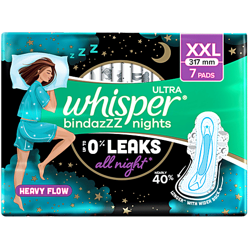 Whisper Ultra Overnight Sanitary Pads - Extra Large Wings, 7 pcs Pouch Up to 0% Leaks, All Night Long