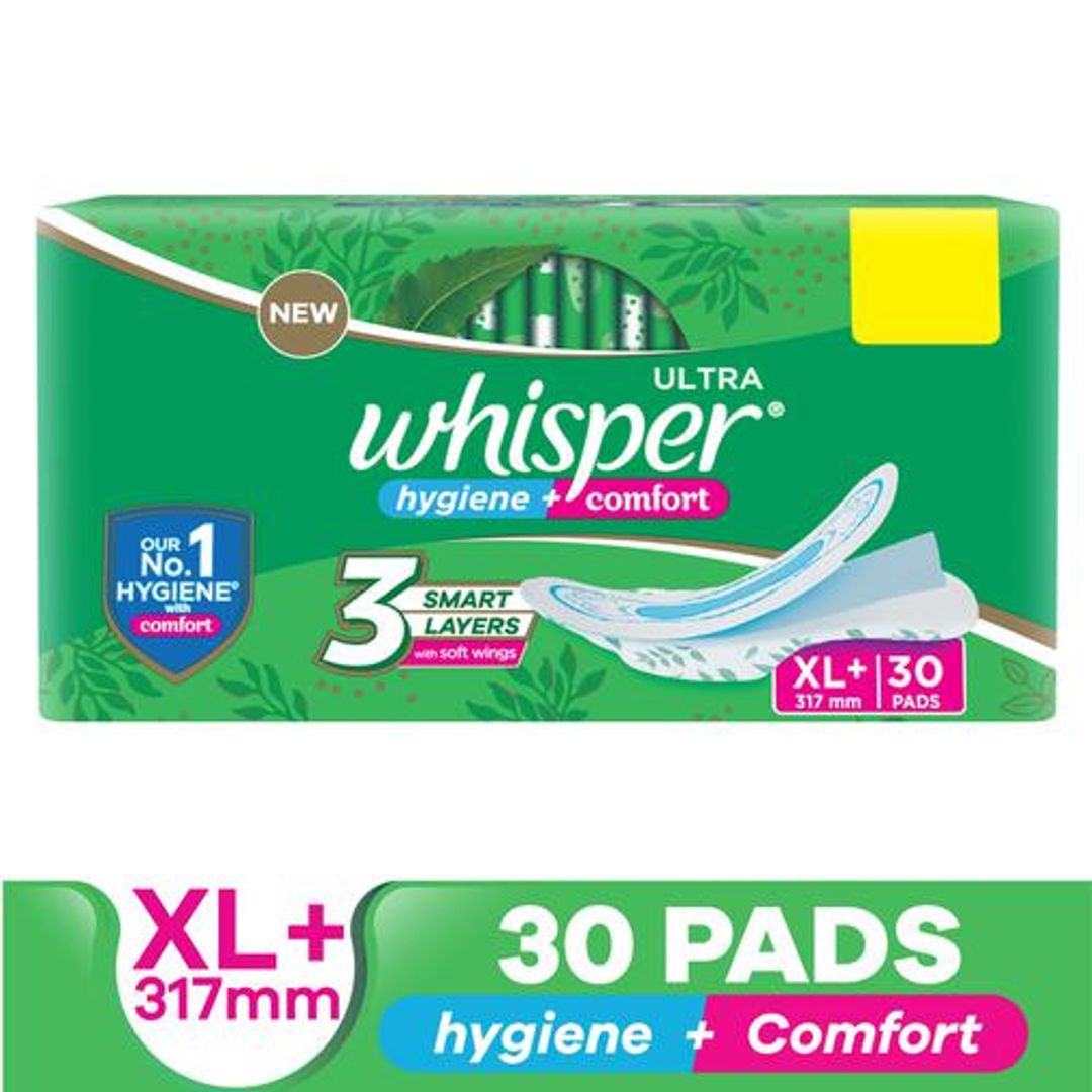 Whisper  Ultra Clean Sanitary Pads - Long Lasting Coverage, Extra Large Plus, 30 pcs 