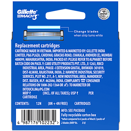 Gillette Mach3 - Manual Shaving Razor Blades Cartridge, 12 pcs  Imported Blades, 3 High Definition Blades