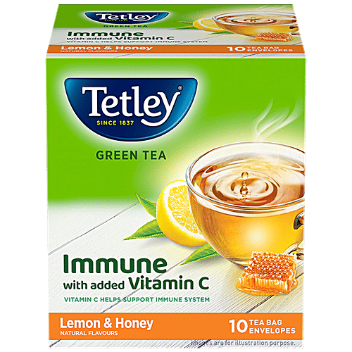 Tetley Green Tea Immune, With Added Vitamin C, Lemon & Honey Flavour, 14 g (10 Bags x 1.4 g each) 