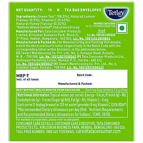 Tetley Green Tea Immune, With Added Vitamin C, Lemon & Honey Flavour, 14 g (10 Bags x 1.4 g each) 