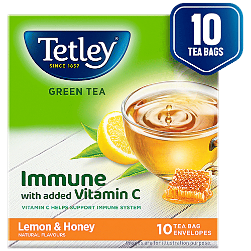 Tetley Green Tea Immune, With Added Vitamin C, Lemon & Honey Flavour, 14 g (10 Bags x 1.4 g each) 