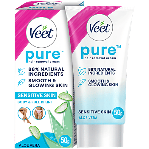 Veet Pure Hair Removal Cream - With Organic Aloe Vera, For Sensitive Skin, Body & Legs, 50 g 86% Natural Origin Ingredients, Smooth Glowing Skin