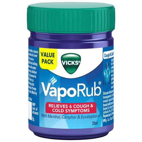 Vicks Vapo Rub With Menthol, Camphor & Eucalyptus Oil -  Relieves Cold & Cough, Clears Blocked Nose, 25 ml Bottle 