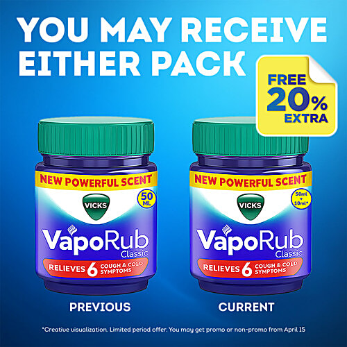 Vicks Vapo Rub With Menthol, Camphor & Eucalyptus Oil - Relieves Cold & Cough, Clears Blocked Nose, 50 ml Bottle 