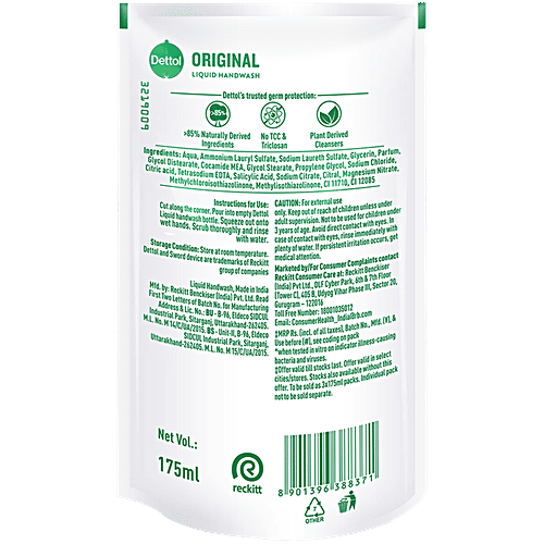 Dettol Original Liquid Handwash, 175 ml Refill Pack Germ defence Formula, 10x Better Germ Protection