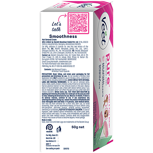Veet Pure Hair Removal Cream - With Organic Aloe Vera & Rose Extracts, For Normal Skin, Body & Legs, 50 g  86% Natural Origin Ingredients, Smooth Glowing Skin,