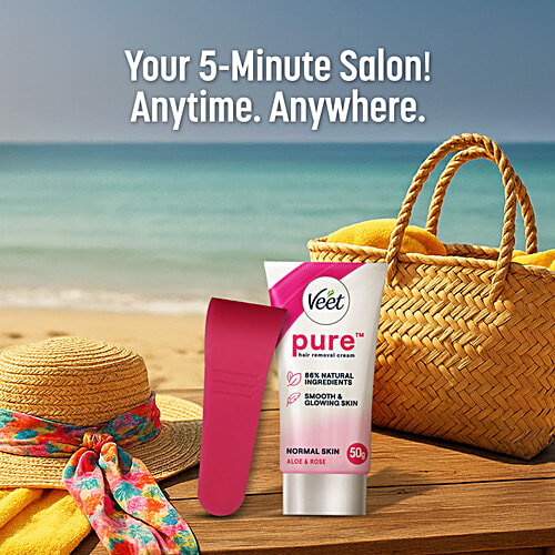 Veet Pure Hair Removal Cream - With Organic Aloe Vera & Rose Extracts, For Normal Skin, Body & Legs, 50 g  86% Natural Origin Ingredients, Smooth Glowing Skin,