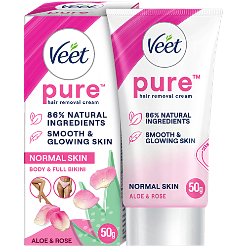 Veet Pure Hair Removal Cream - With Organic Aloe Vera & Rose Extracts, For Normal Skin, Body & Legs, 50 g  86% Natural Origin Ingredients, Smooth Glowing Skin,