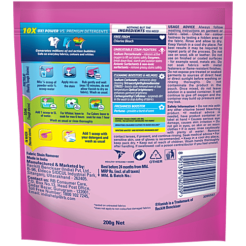 Vanish Oxi Action All In One Stain Remover Detergent Powder, 200 g Removes Stains
Whitens Whites
Brightens Colours